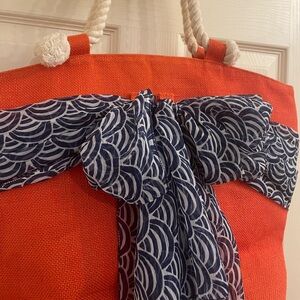 Mud Pie Orange Tote with Blue Tied Scarf Zip Pocket Inside